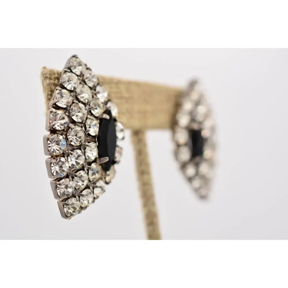 Vintage Crystal Earrings Black Marquise Prong Rhinestone Sparkling 1980s 9D